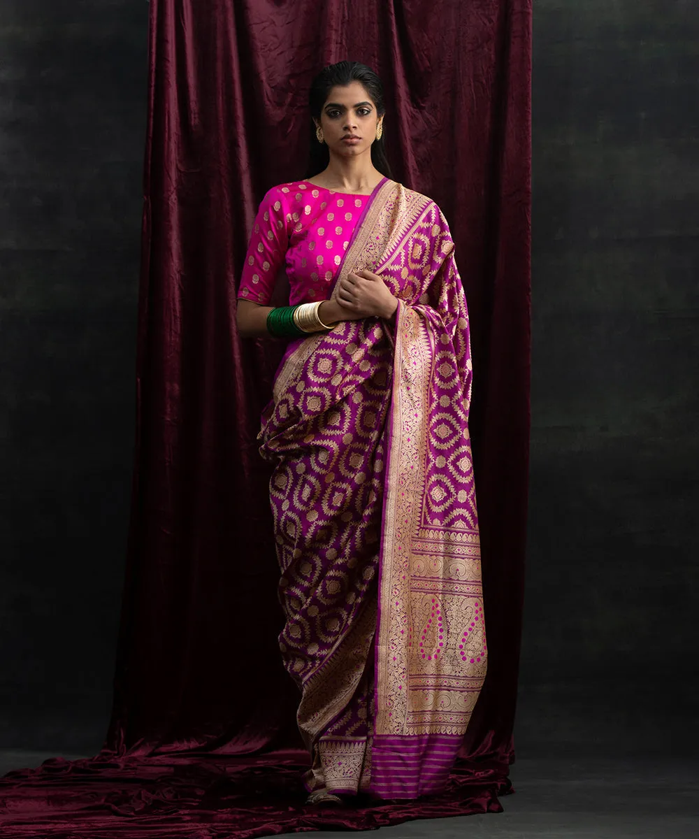 Purple Handloom Pure Katan Silk Banarasi Saree With Kadhwa Jaal and Pink Meenakari