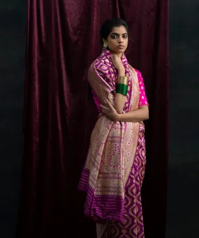 Purple Handloom Pure Katan Silk Banarasi Saree With Kadhwa Jaal and Pink Meenakari