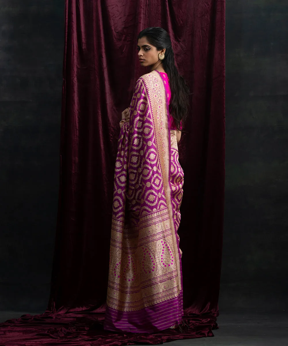 Purple Handloom Pure Katan Silk Banarasi Saree With Kadhwa Jaal and Pink Meenakari