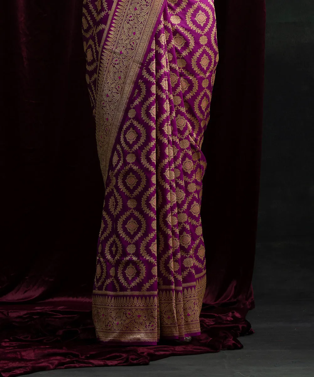 Purple Handloom Pure Katan Silk Banarasi Saree With Kadhwa Jaal and Pink Meenakari