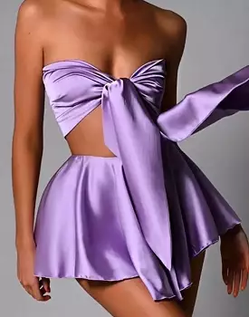 Purple Knotted Bra Top Short Skirt Set