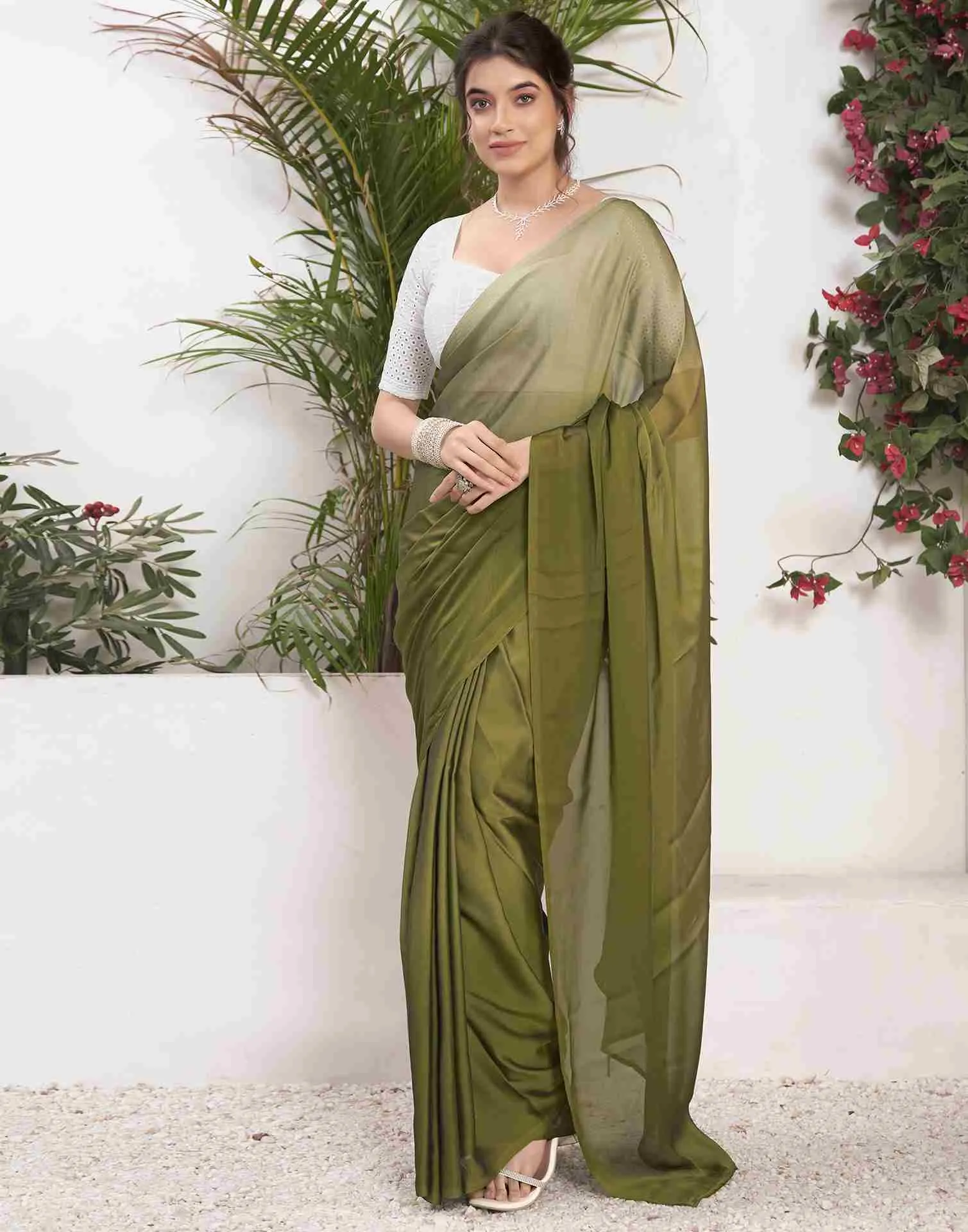 Ready To Wear Olive Green Georgette Plain Saree