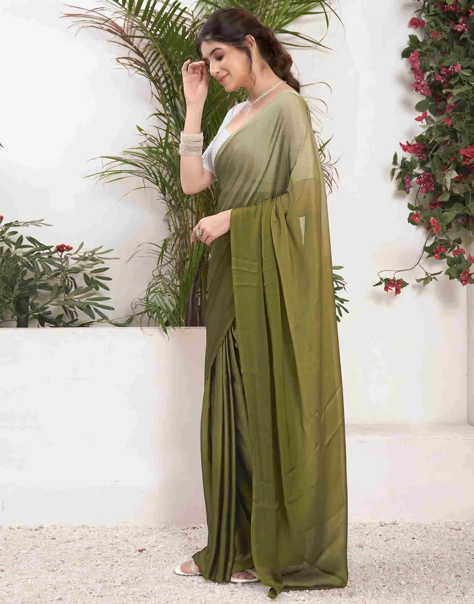 Ready To Wear Olive Green Georgette Plain Saree