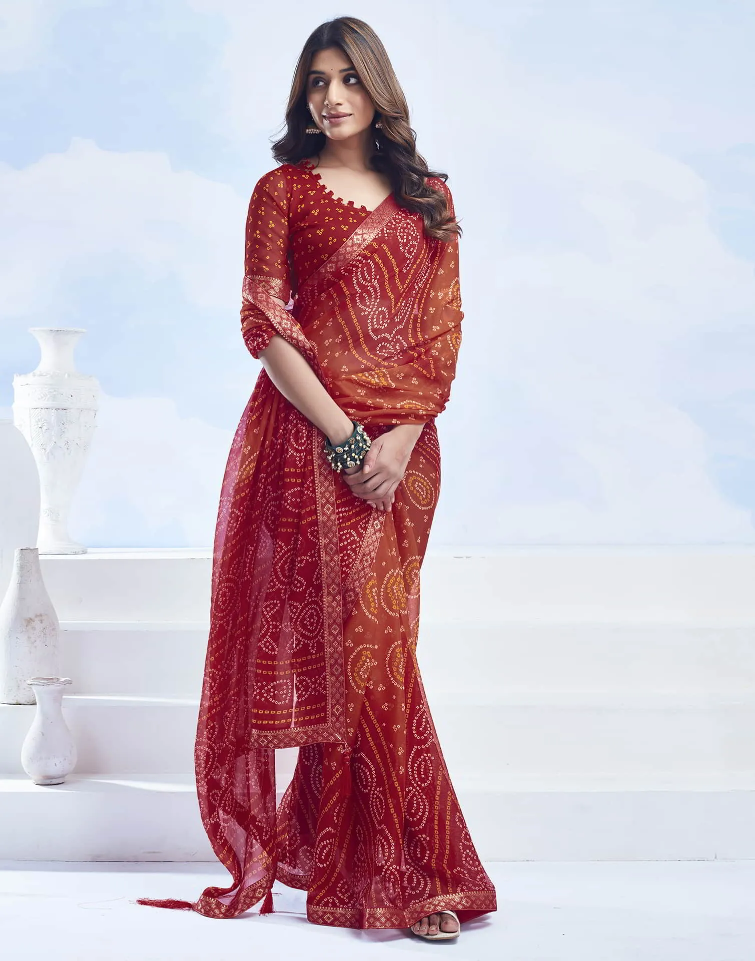 Red Bandhani Chiffon Saree