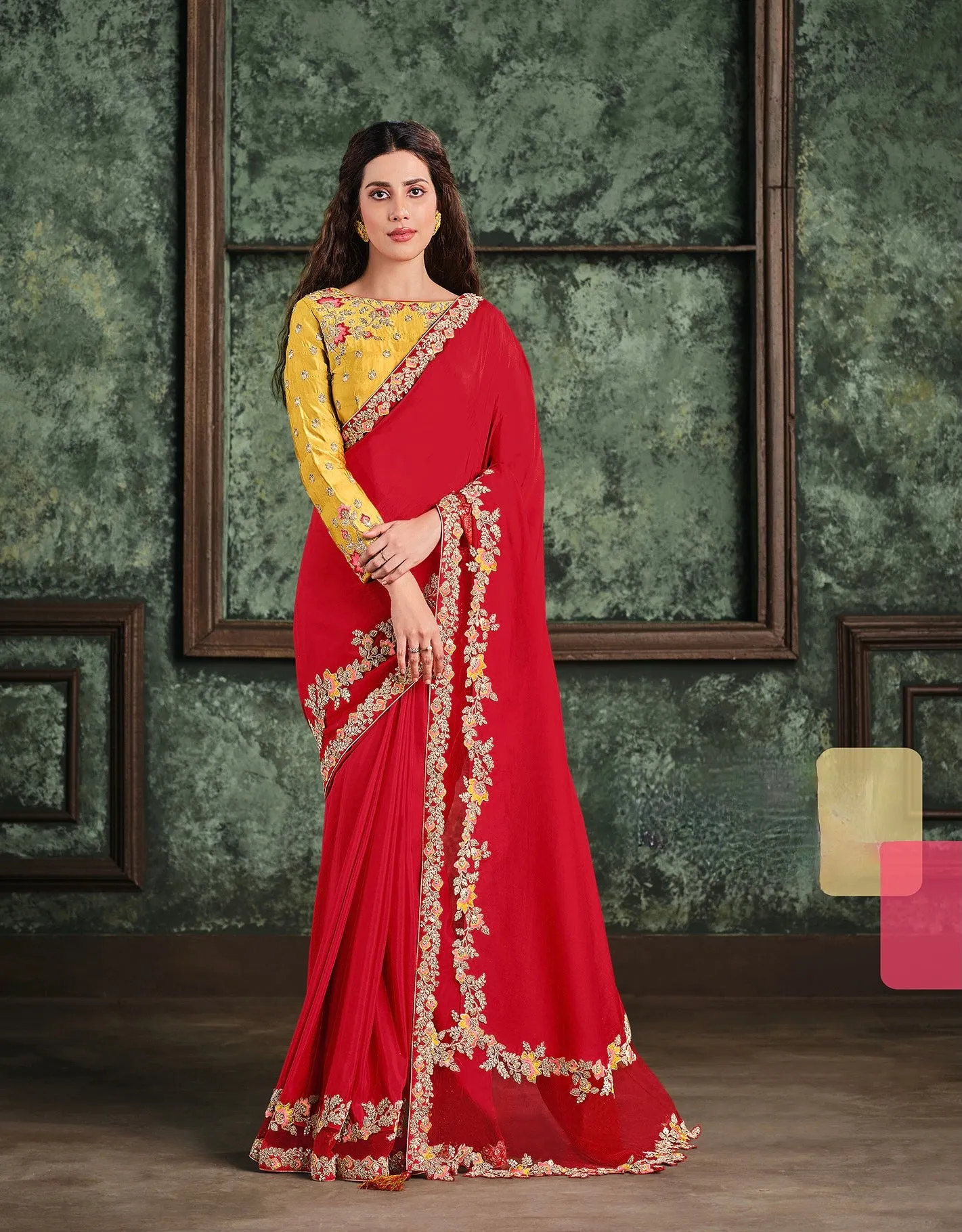 Red Designer Saree with Handmade works