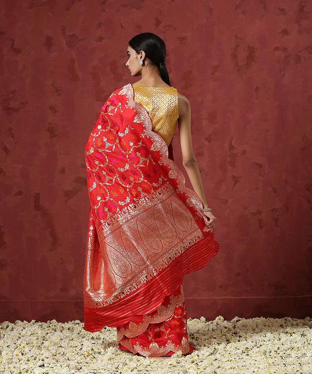 Red Handloom Pure Katan Silk Banarasi Saree With Scallop Borders