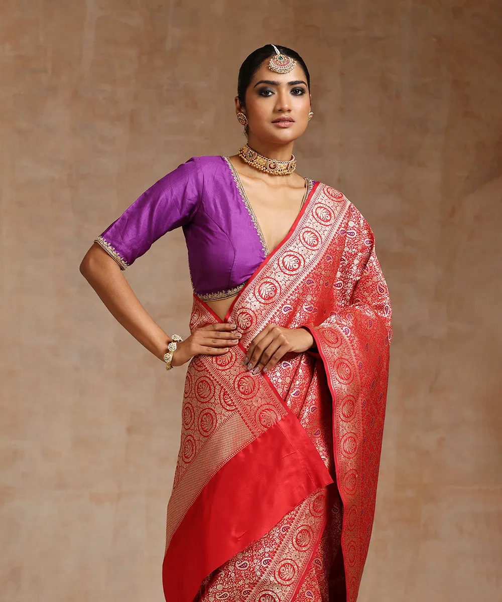 Red Handloom Pure Katan Silk Kimkhab Banarasi Saree With Purple Meenakari