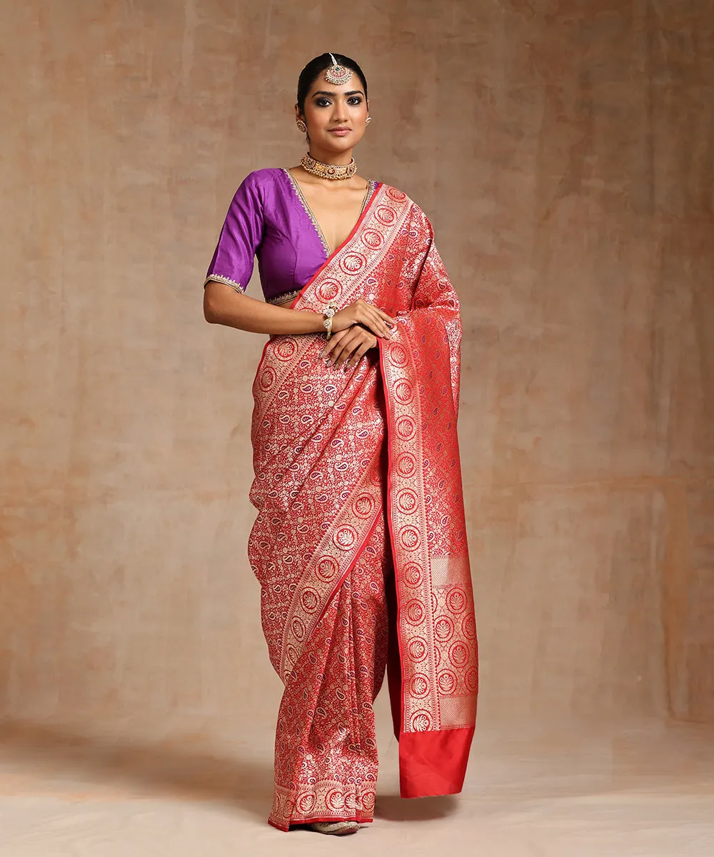 Red Handloom Pure Katan Silk Kimkhab Banarasi Saree With Purple Meenakari