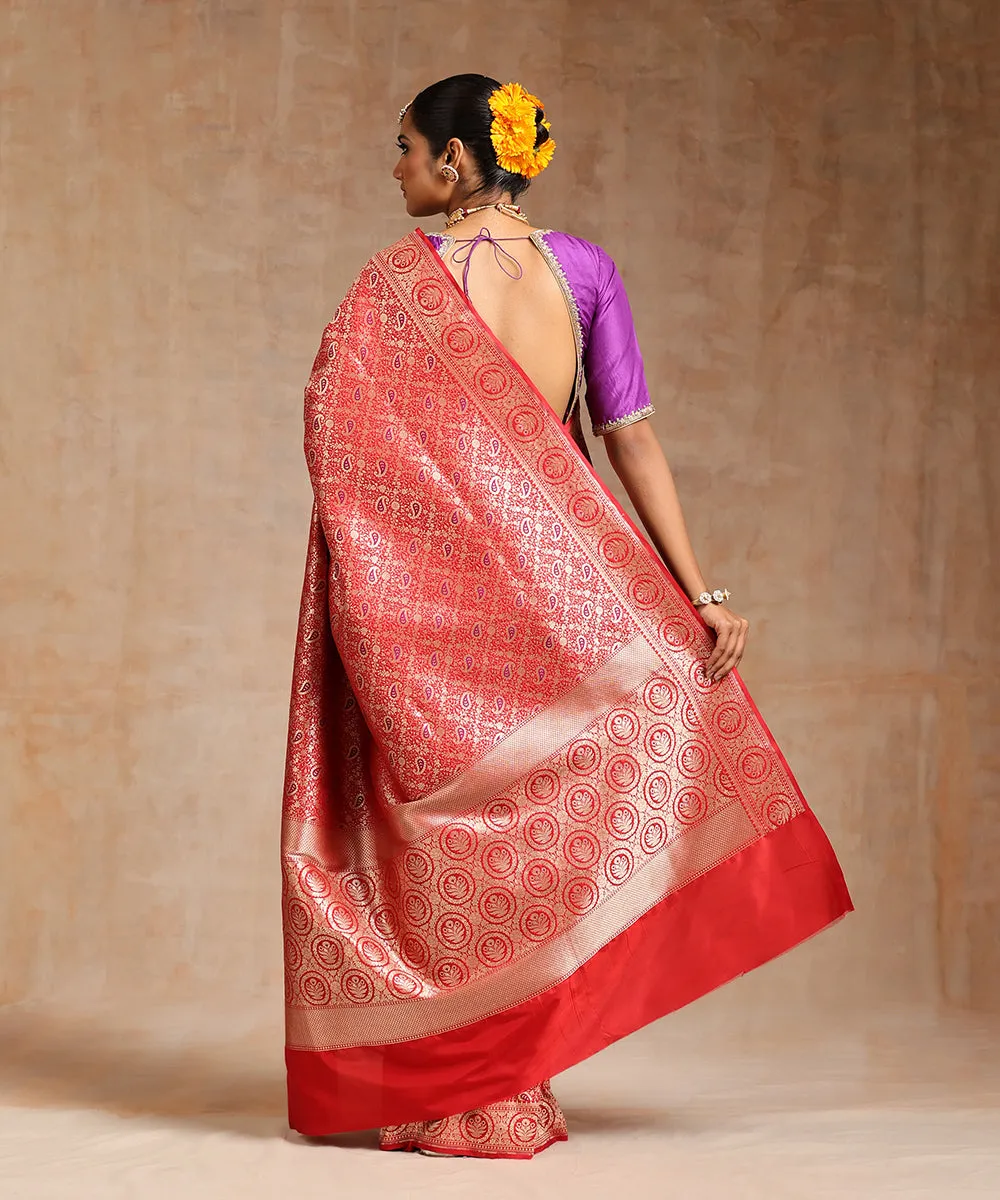 Red Handloom Pure Katan Silk Kimkhab Banarasi Saree With Purple Meenakari