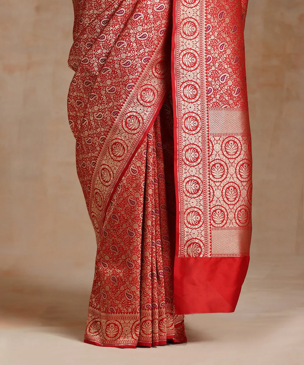 Red Handloom Pure Katan Silk Kimkhab Banarasi Saree With Purple Meenakari