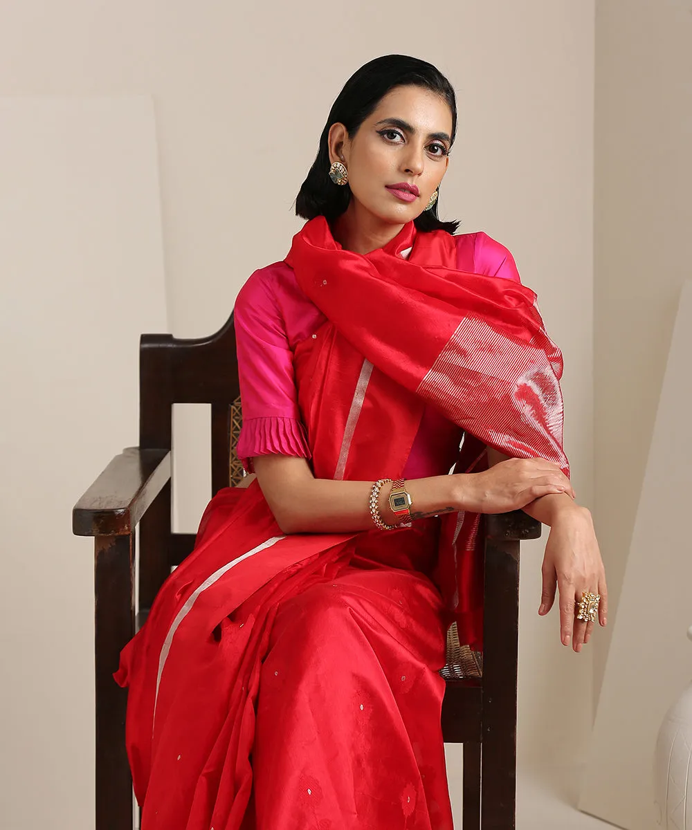 Red Handloom Silk Chanderi Saree with Genda Meena Booti