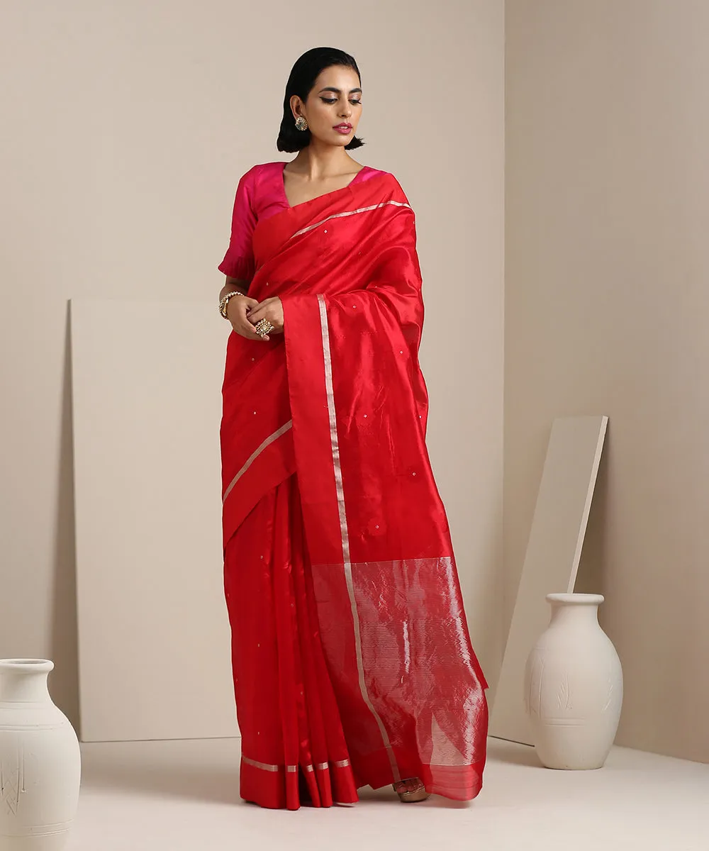 Red Handloom Silk Chanderi Saree with Genda Meena Booti