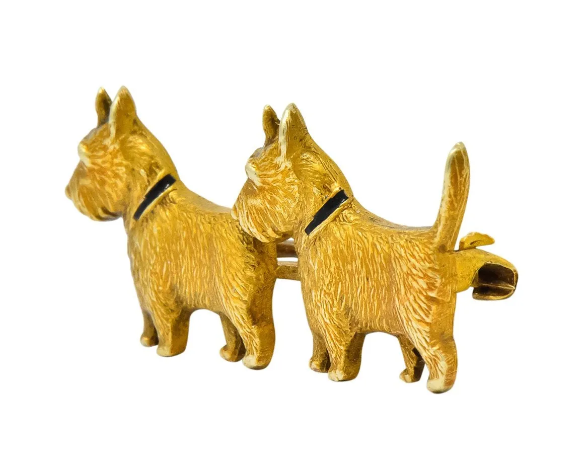 Retro Enamel Scottish Terrier 14 Karat Gold Brooch