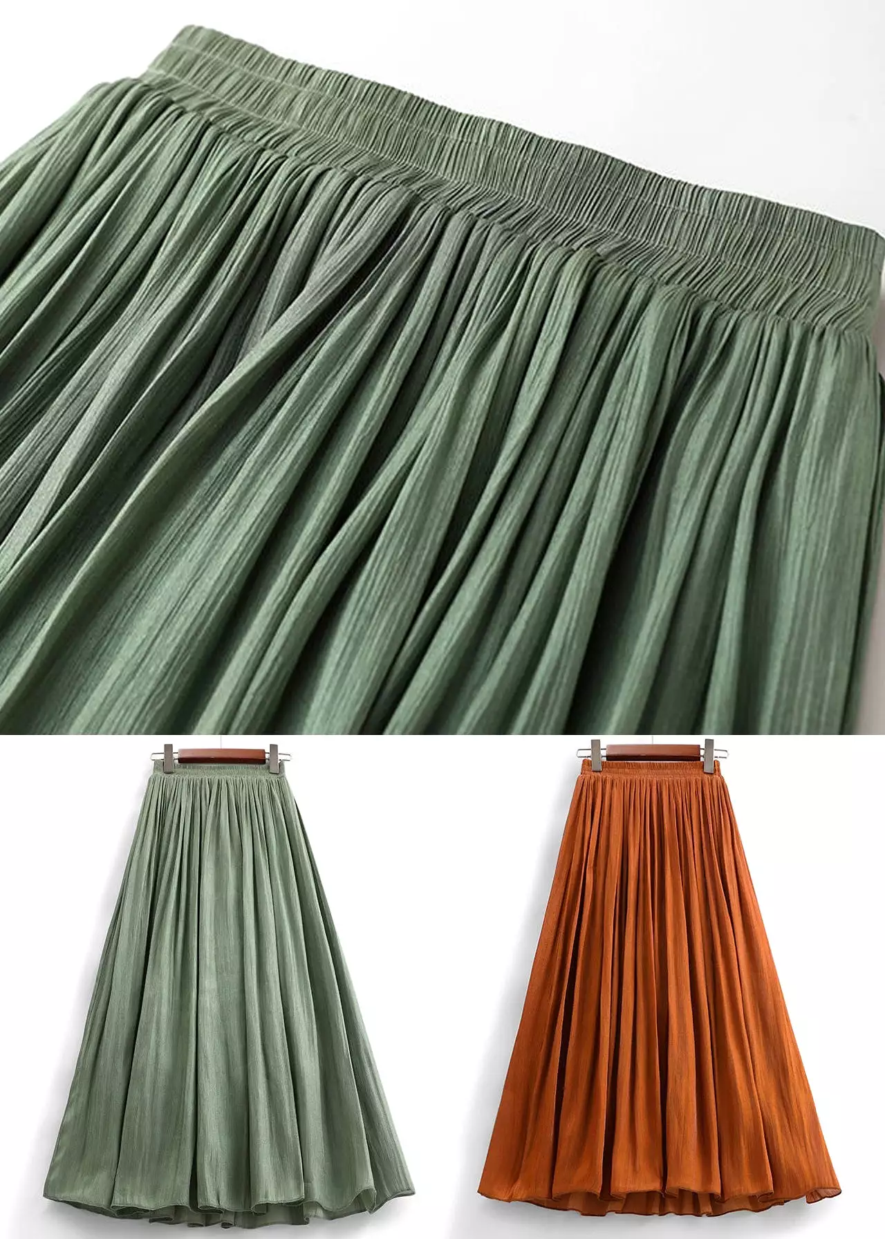 Simple Green Solid Elastic Waist Cotton Skirt Summer AS1048