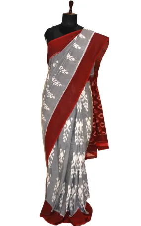 Soft Mercerized Cotton Ikkat Pochampally Saree in Pewter Grey, Off White and Garnet