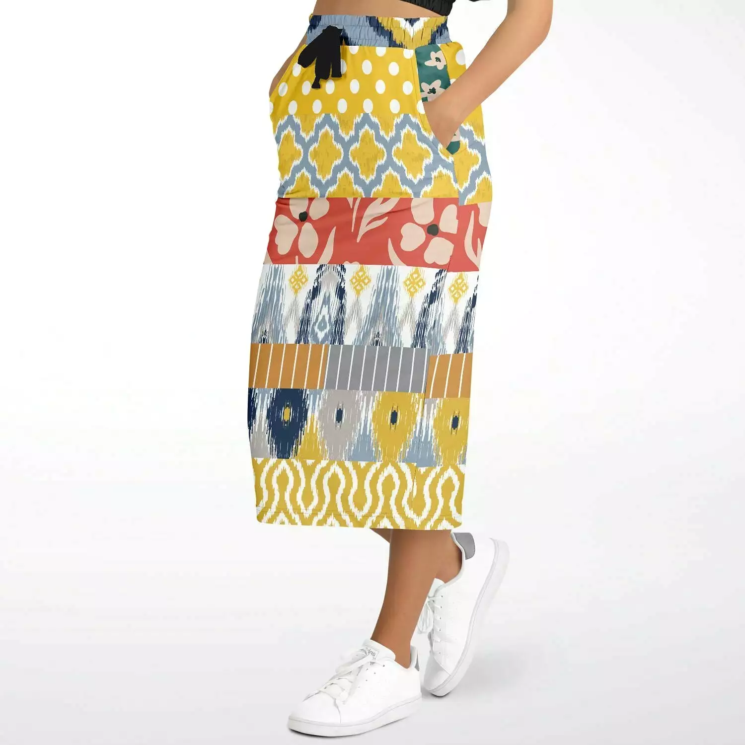 Tallulah Bankhead Yellow Ikat Patchwork Eco-Poly Long Pocket Skirt