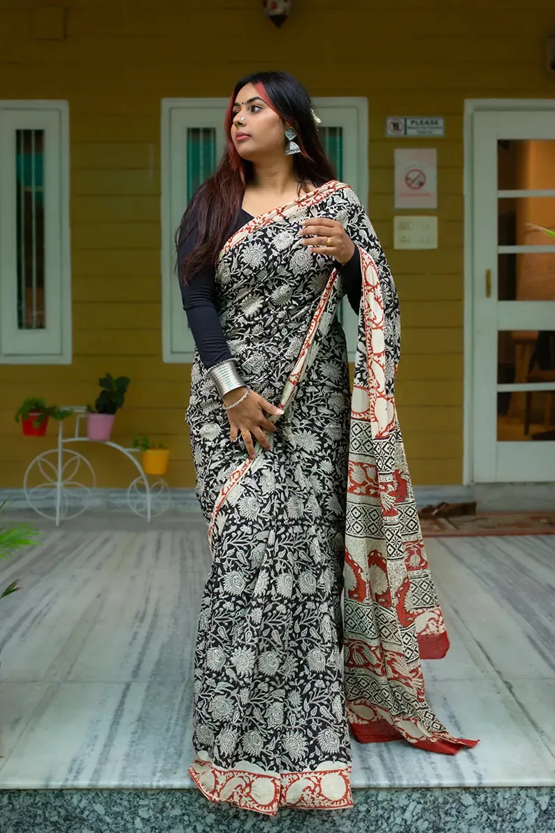 Tangled Treasures - Hand Block Print Mulmul Cotton Bagru Saree