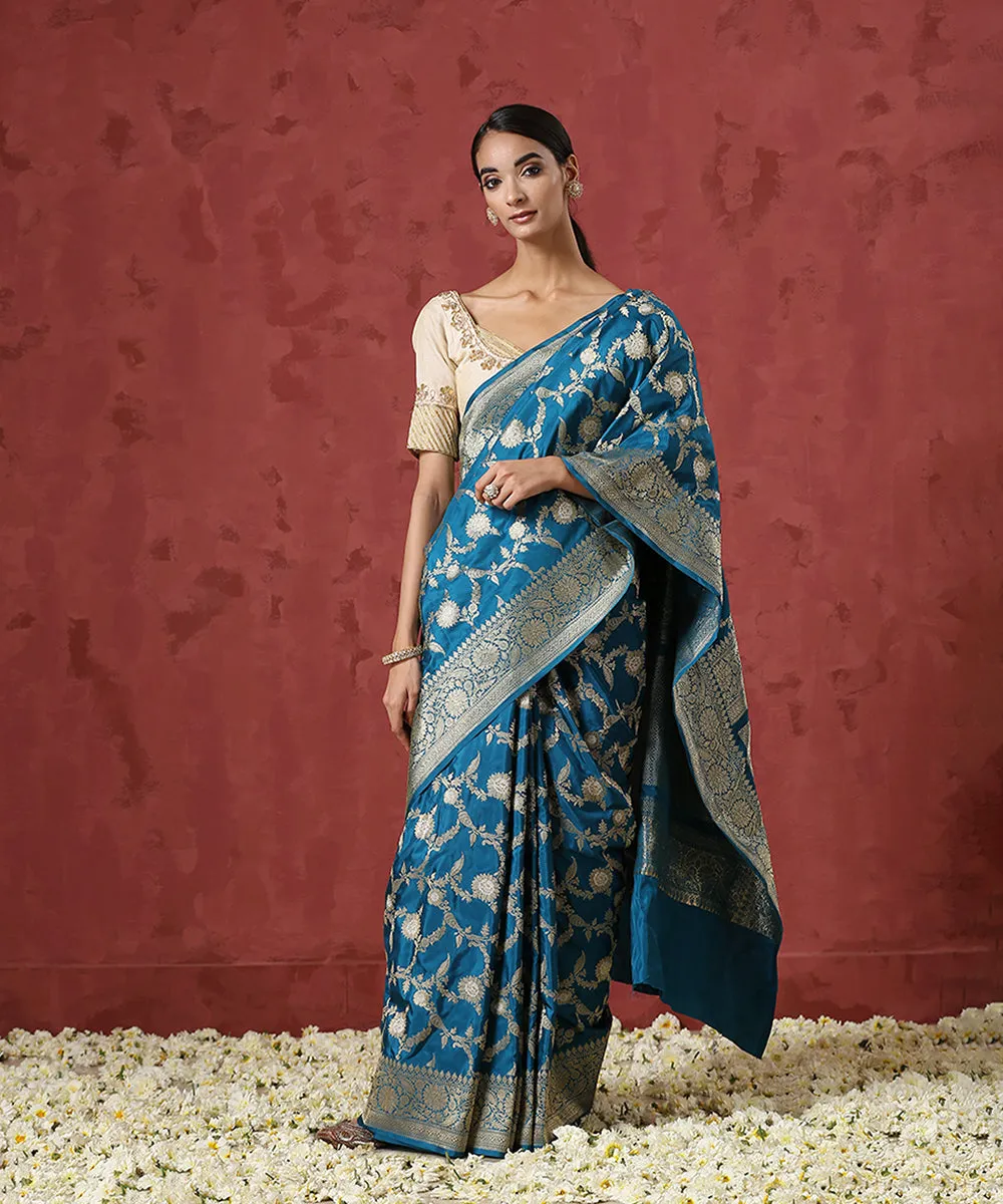 Teal Handloom Pure Katan Silk Jangla Banarasi Saree with Kadhwa Weave