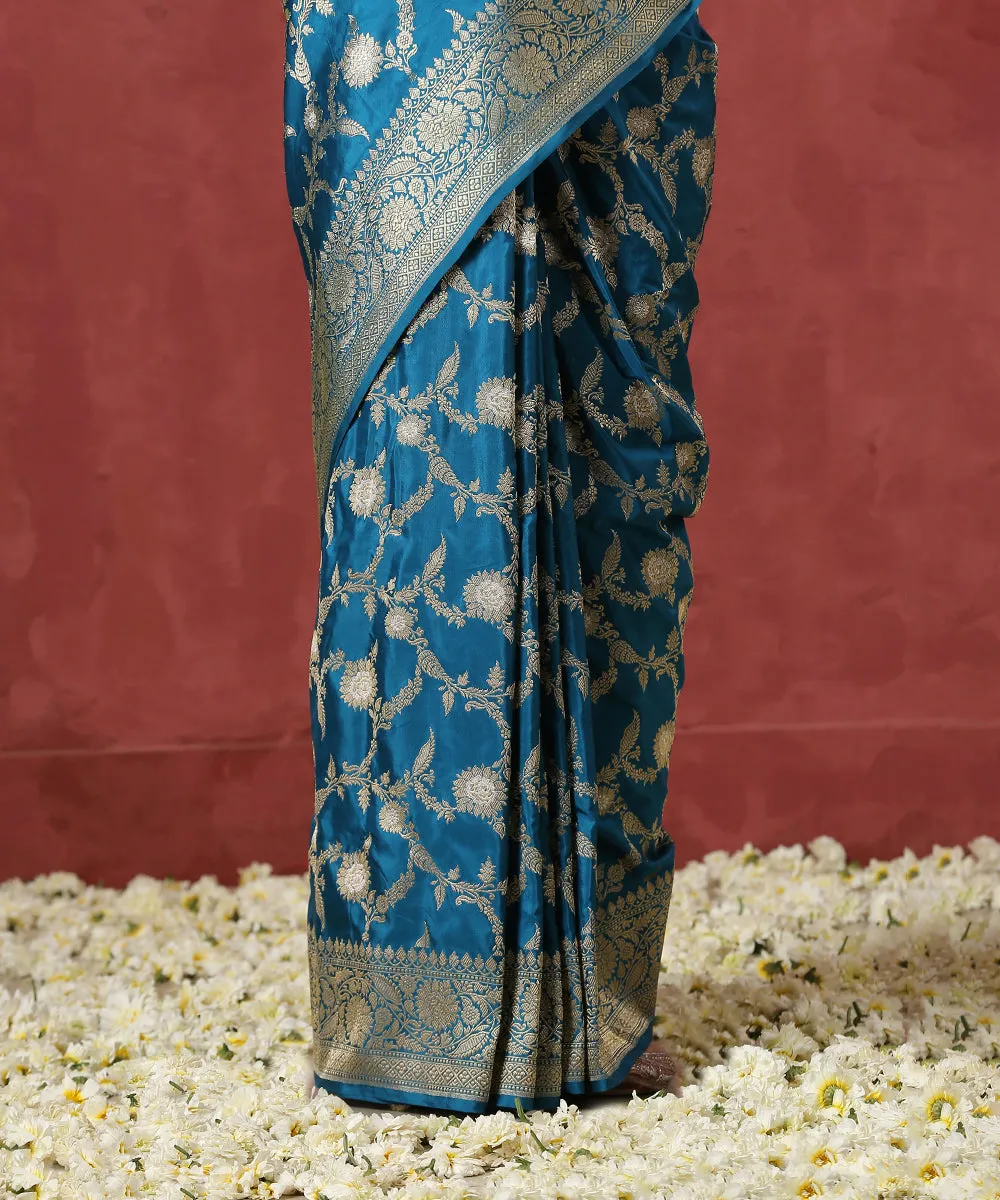 Teal Handloom Pure Katan Silk Jangla Banarasi Saree with Kadhwa Weave