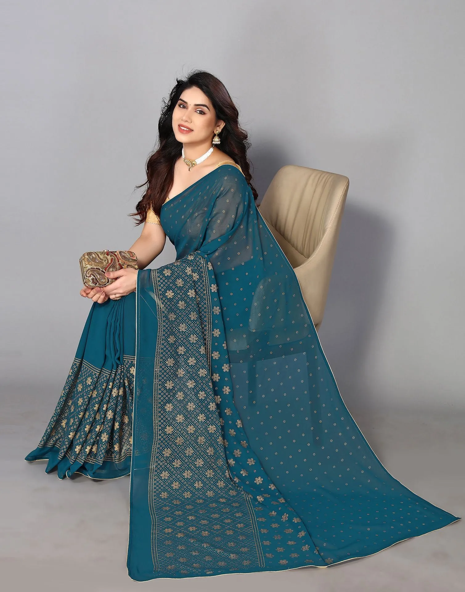 Teal Printed Saree