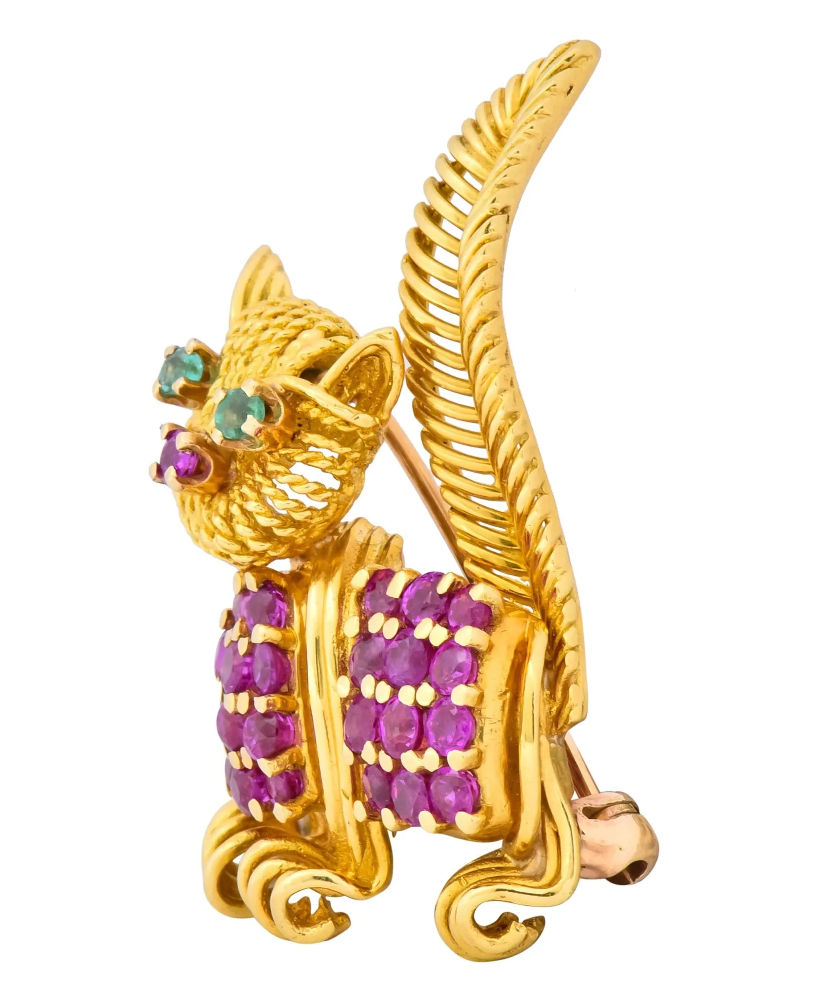 Tiffany & Co. 1960's 1.50 CTW Ruby Emerald 18 Karat Yellow Gold Prancing Cat Brooch