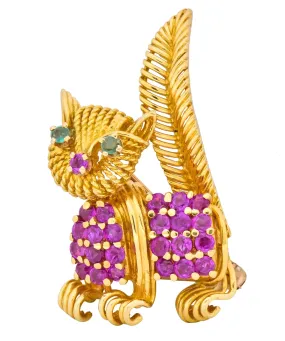 Tiffany & Co. 1960's 1.50 CTW Ruby Emerald 18 Karat Yellow Gold Prancing Cat Brooch