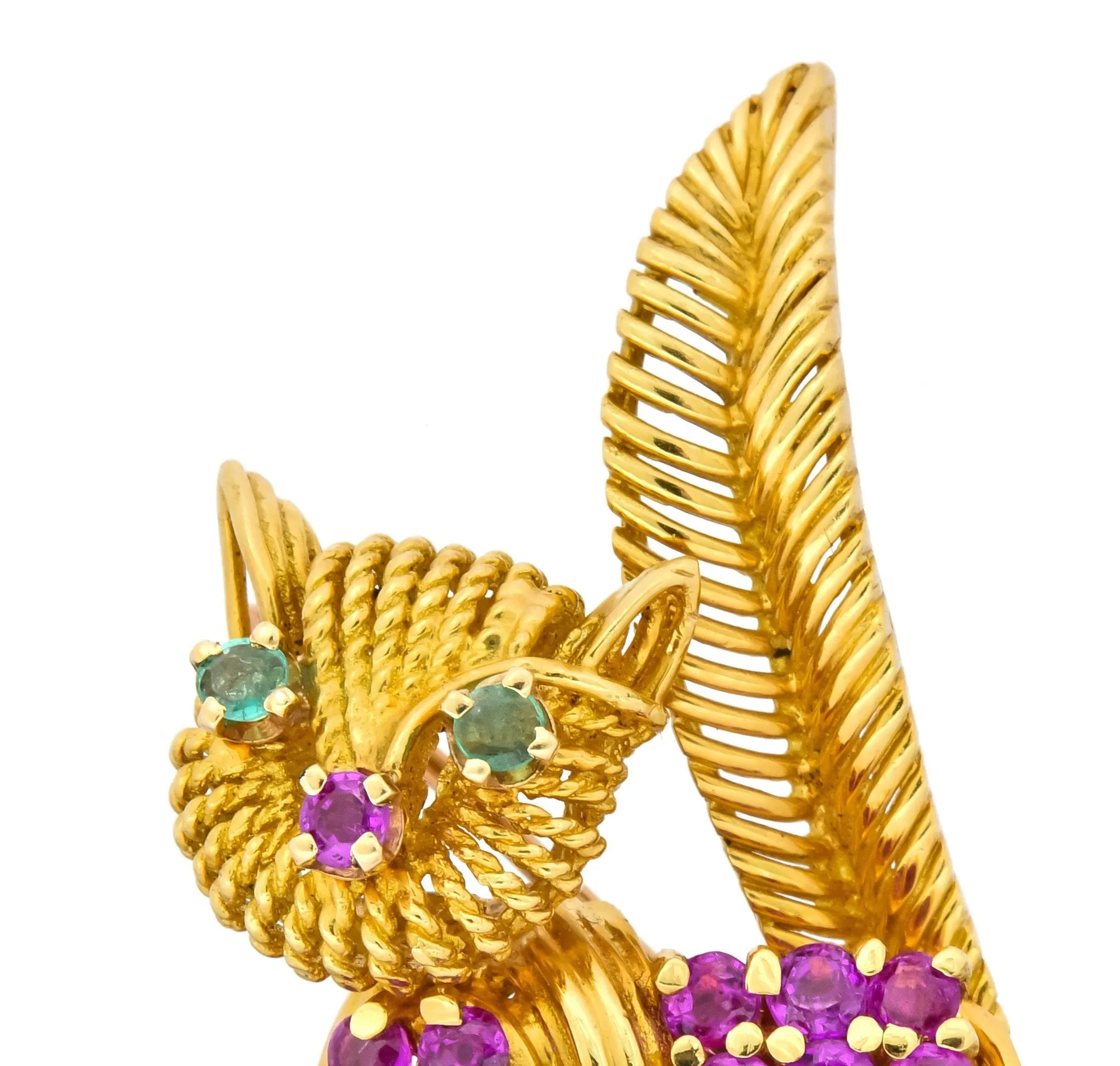 Tiffany & Co. 1960's 1.50 CTW Ruby Emerald 18 Karat Yellow Gold Prancing Cat Brooch