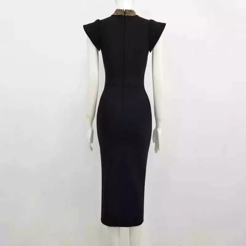 Turtleneck Split Midi Black Bodycon Dress