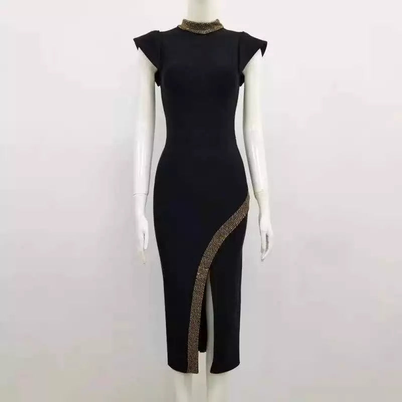 Turtleneck Split Midi Black Bodycon Dress