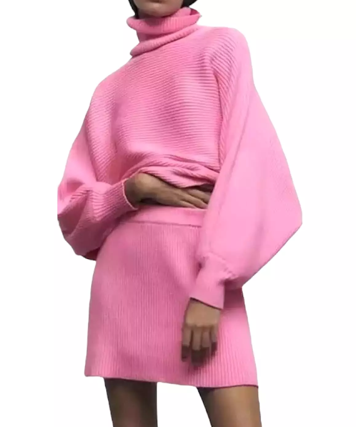 Turtleneck Top And Skirt Knit Set In Pink