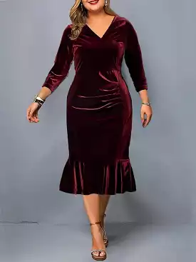 Velvet V-Neck Plus Size Midi Dress for Winter and Valentine's Day