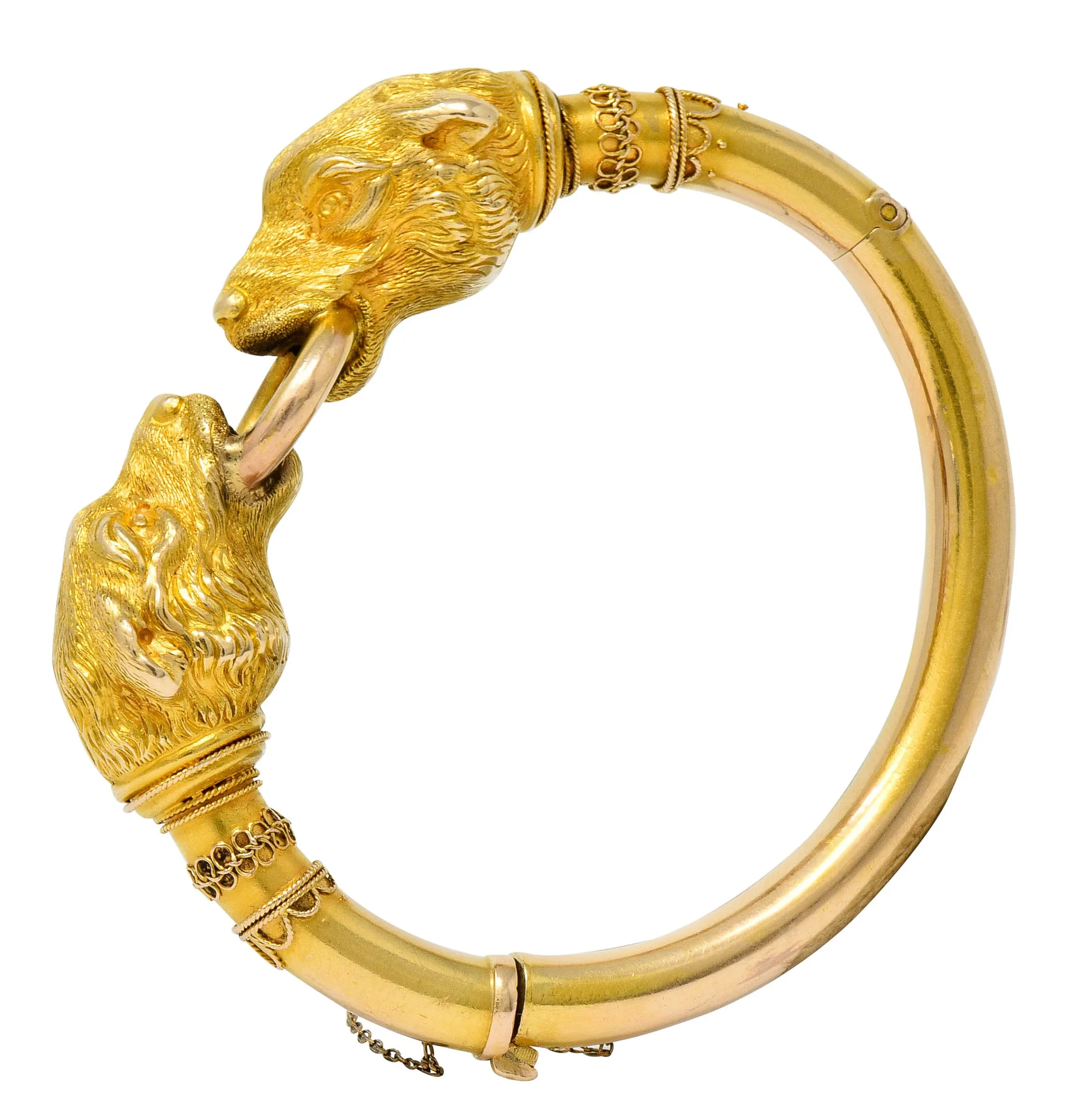 Victorian Etruscan Revival 18 Karat Gold Double Lion Head Cuff Bracelet