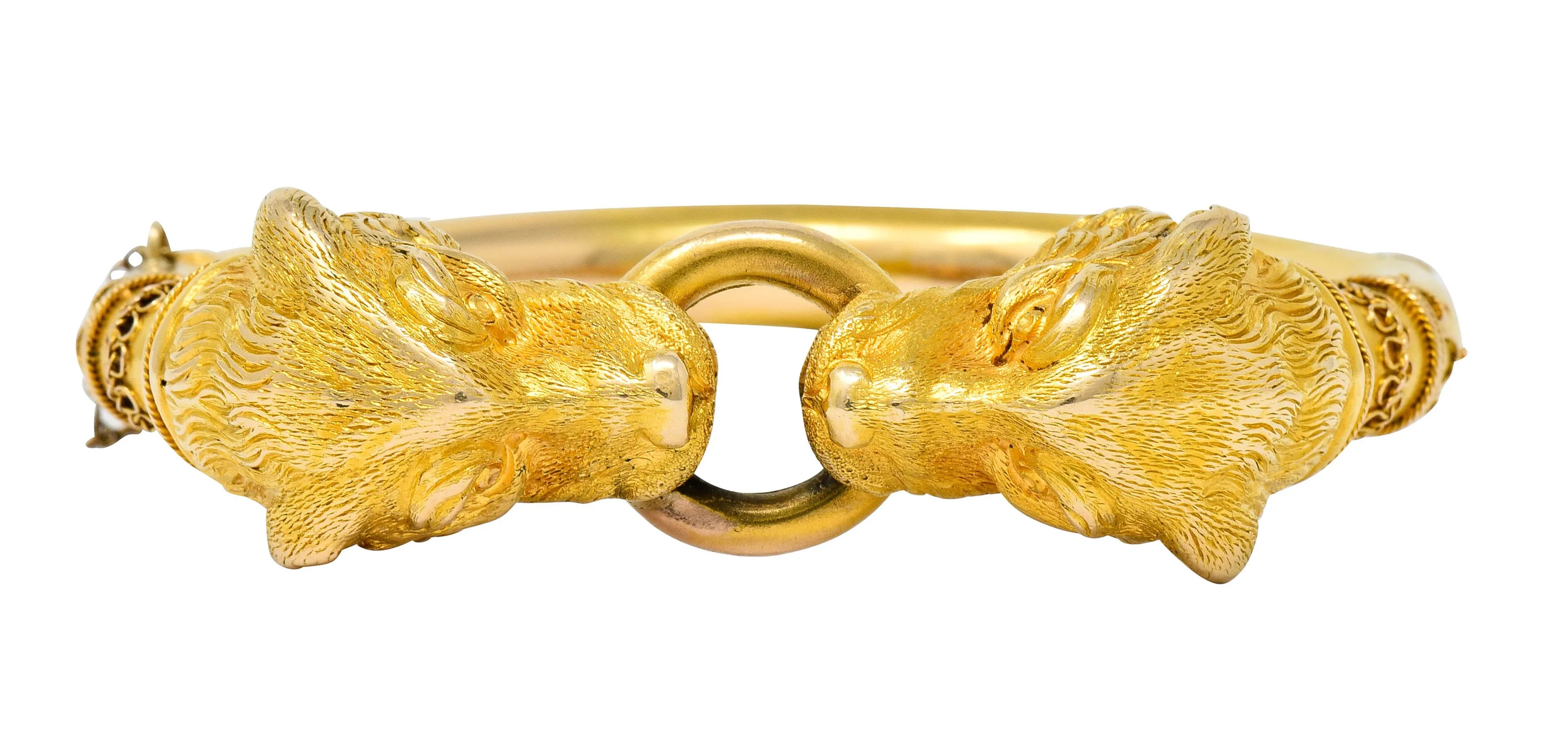 Victorian Etruscan Revival 18 Karat Gold Double Lion Head Cuff Bracelet