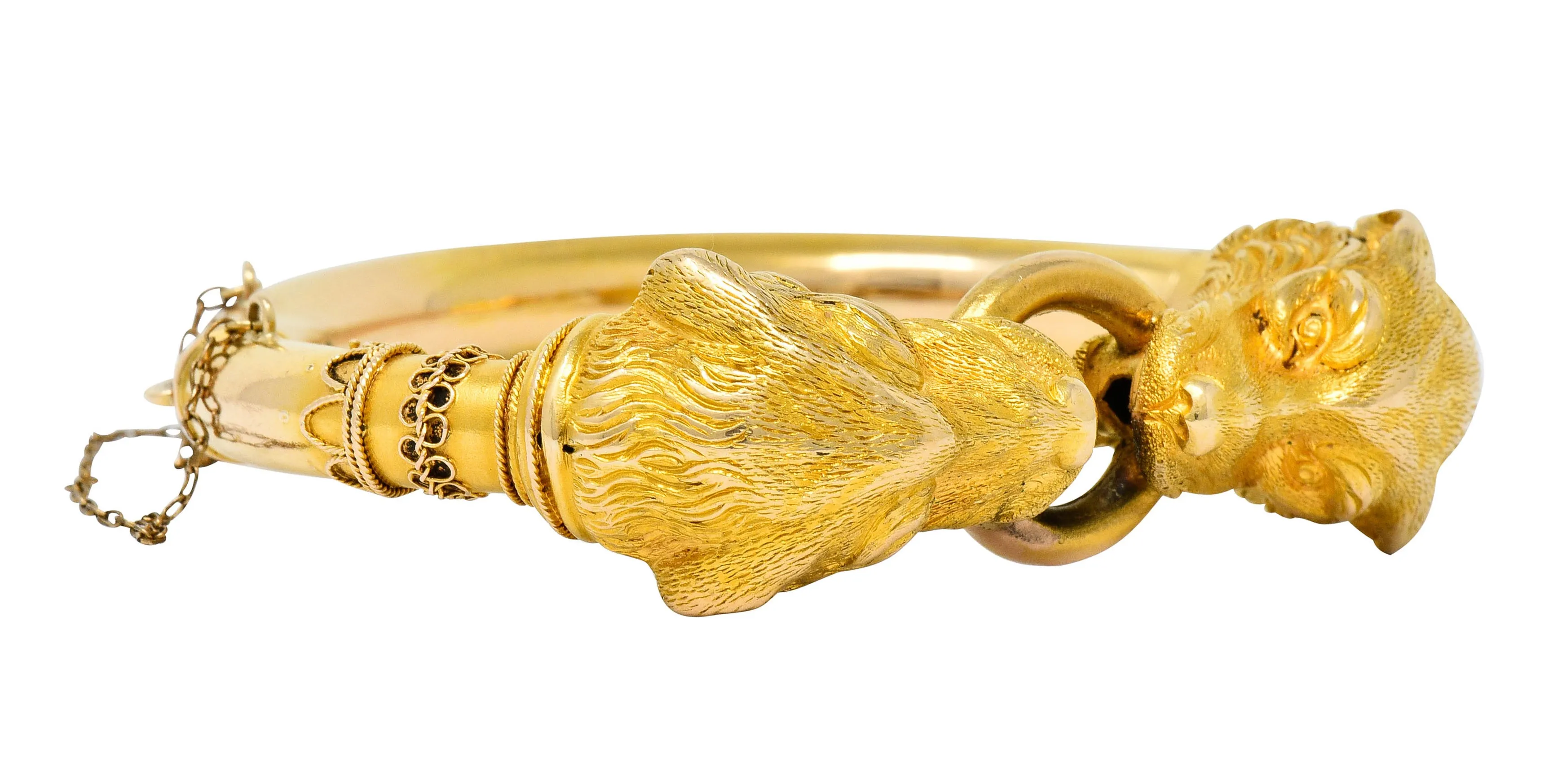 Victorian Etruscan Revival 18 Karat Gold Double Lion Head Cuff Bracelet