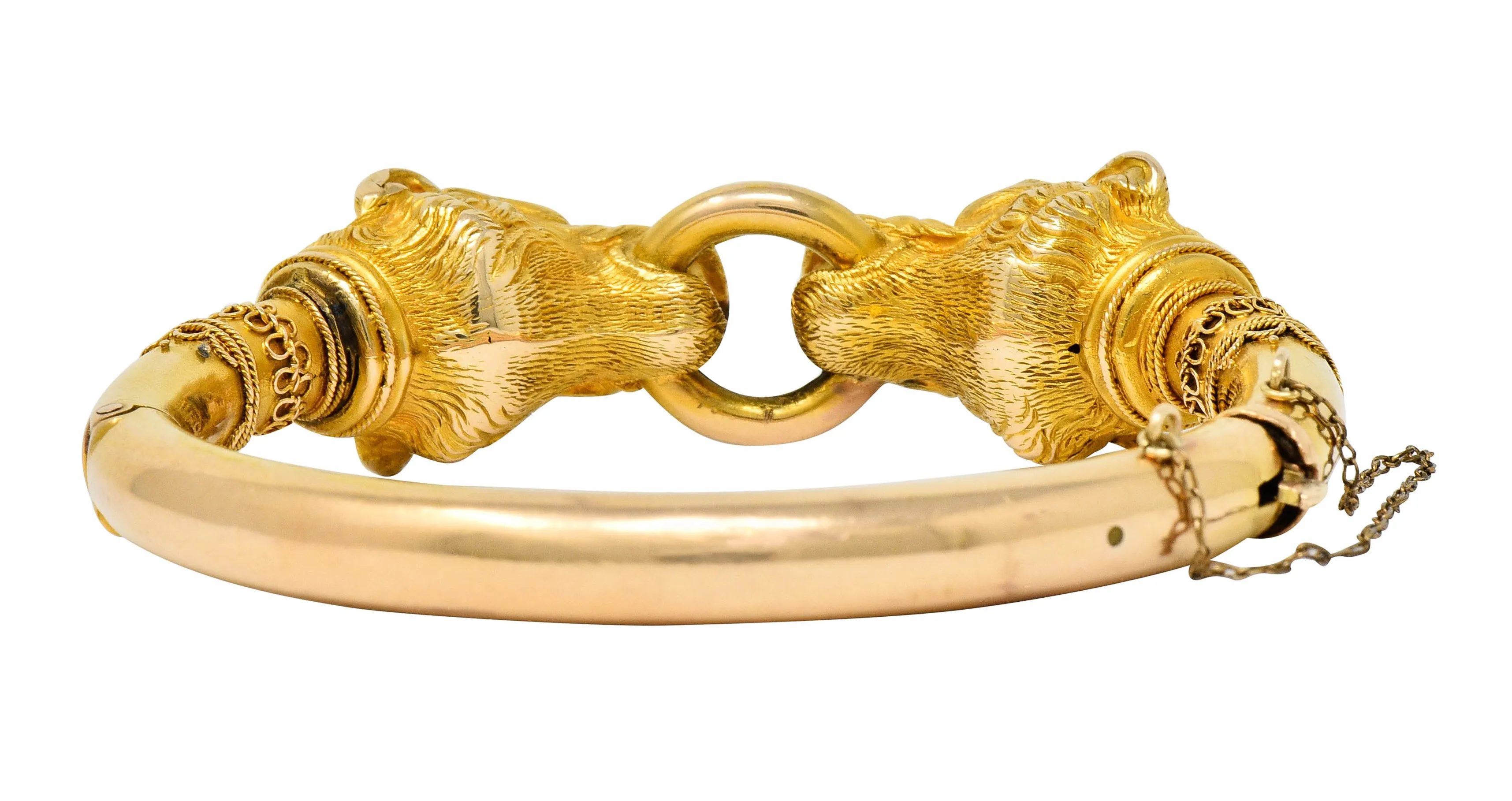 Victorian Etruscan Revival 18 Karat Gold Double Lion Head Cuff Bracelet