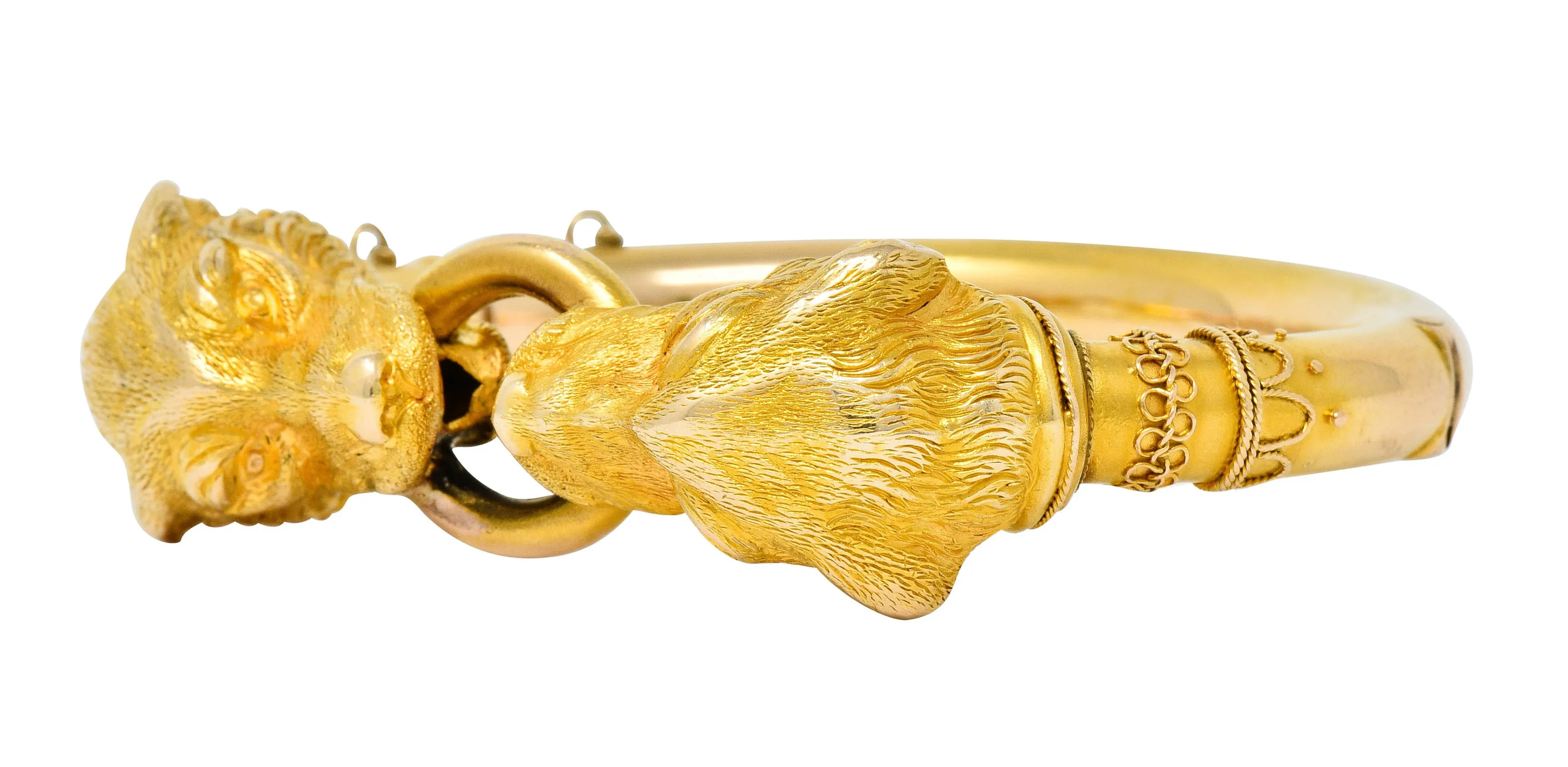 Victorian Etruscan Revival 18 Karat Gold Double Lion Head Cuff Bracelet