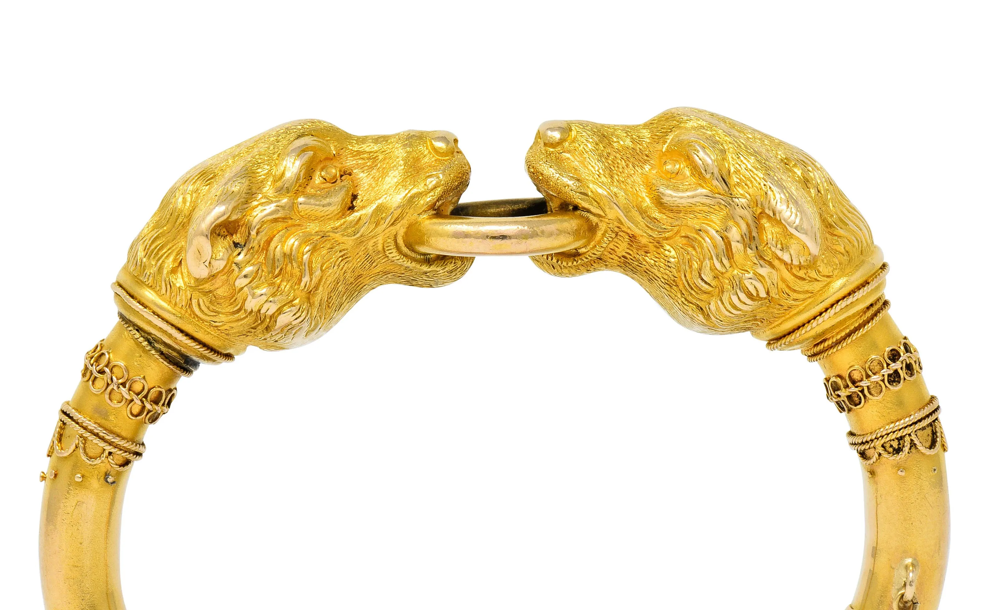 Victorian Etruscan Revival 18 Karat Gold Double Lion Head Cuff Bracelet