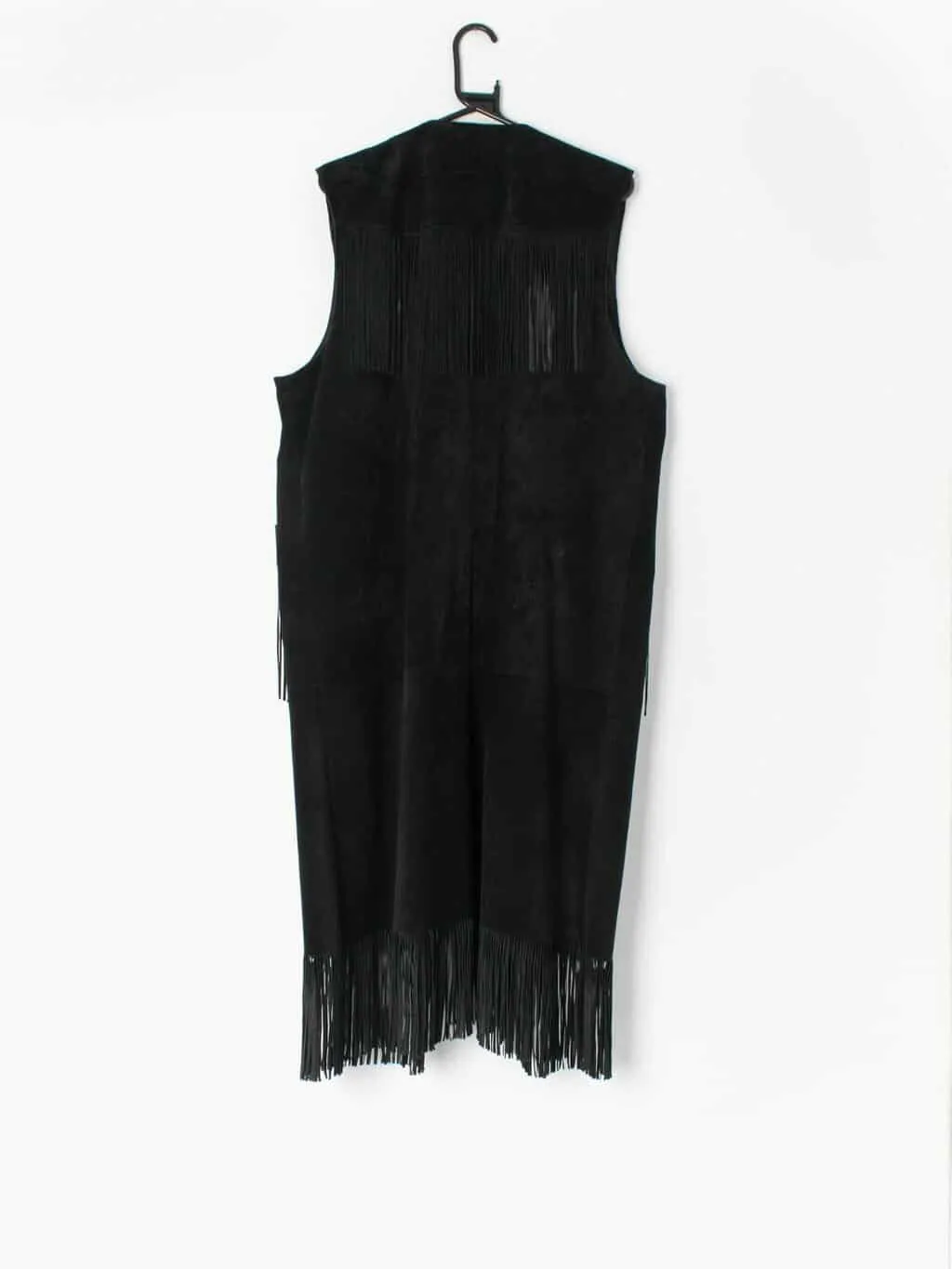 Vintage 1980s long black suede / leather waistcoat cape with tassels – XL