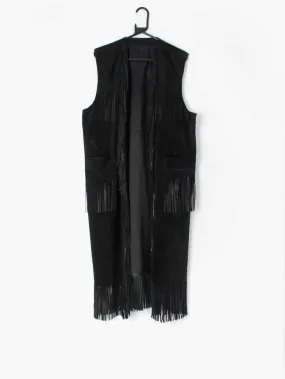 Vintage 1980s long black suede / leather waistcoat cape with tassels – XL