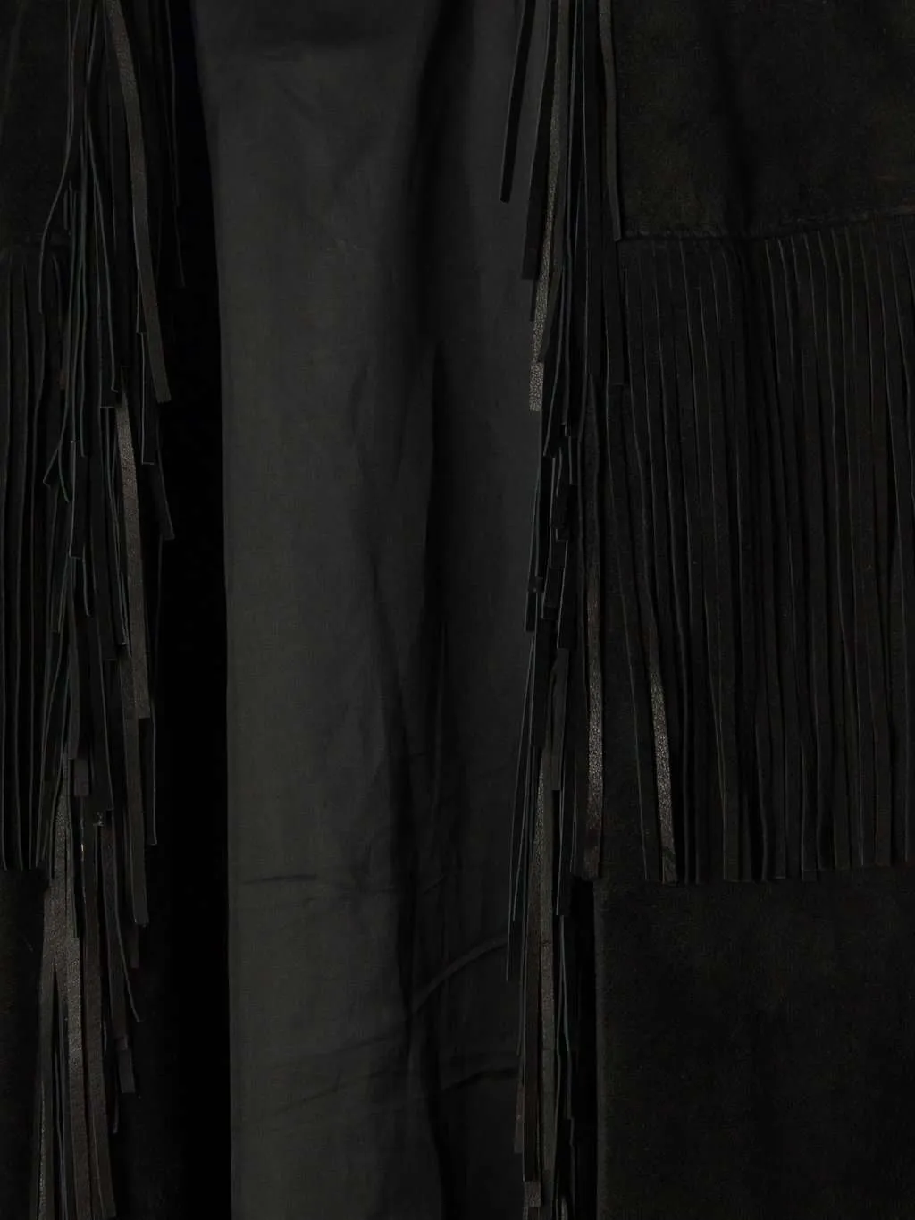 Vintage 1980s long black suede / leather waistcoat cape with tassels – XL