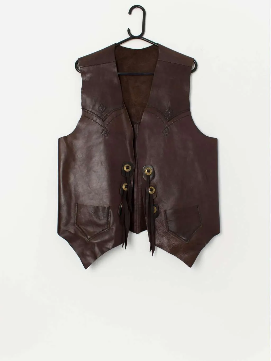 Vintage brown leather waistcoat, handcrafted – Medium