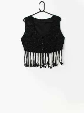 Vintage fringed beaded waistcoat with cord tassels, black – Medium