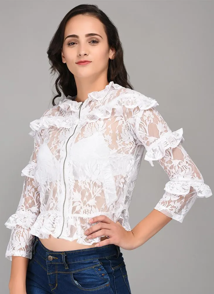 White Lace Top with added Ruffle & Front Zipper