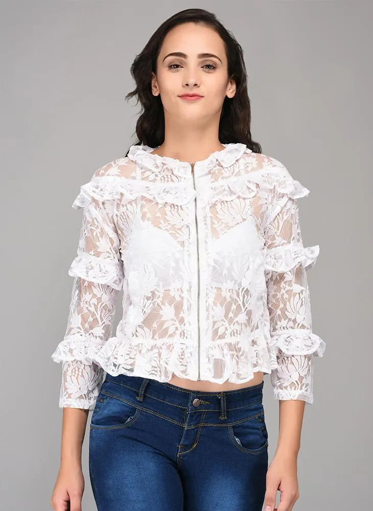 White Lace Top with added Ruffle & Front Zipper