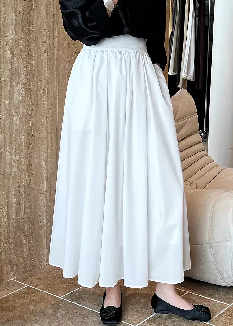 White Solid Pockets Cotton Pleated Skirt High Waist CG1004