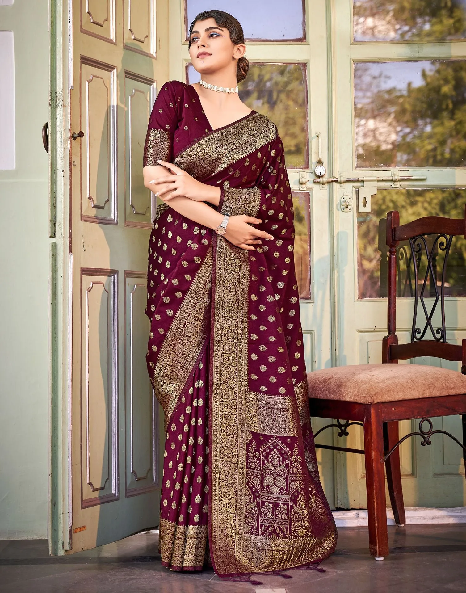 Wine Banarasi Saree