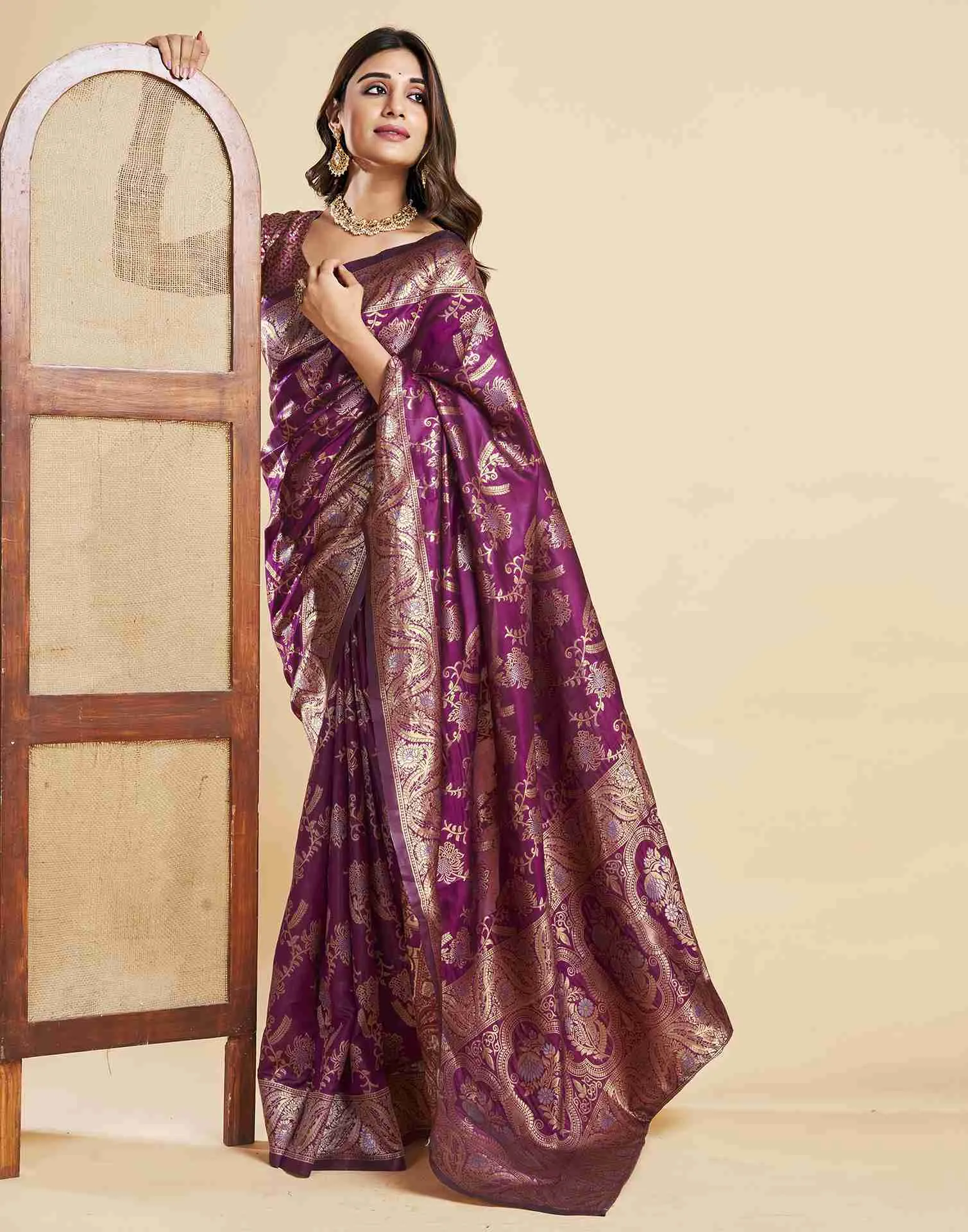 Wine Floral Banarasi Silk Saree