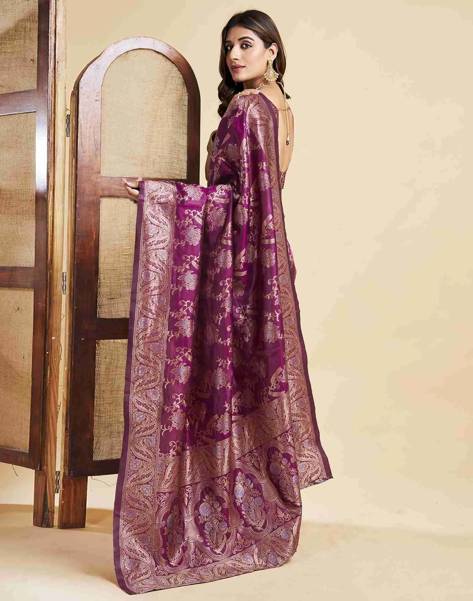 Wine Floral Banarasi Silk Saree