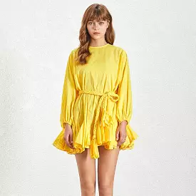 Yellow Ruffled and Frilled Skirt Belted Short Dress