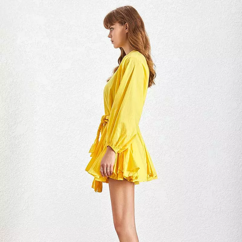 Yellow Ruffled and Frilled Skirt Belted Short Dress